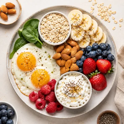 Healthy Breakfast Plate With Eggs Oats And Fruit