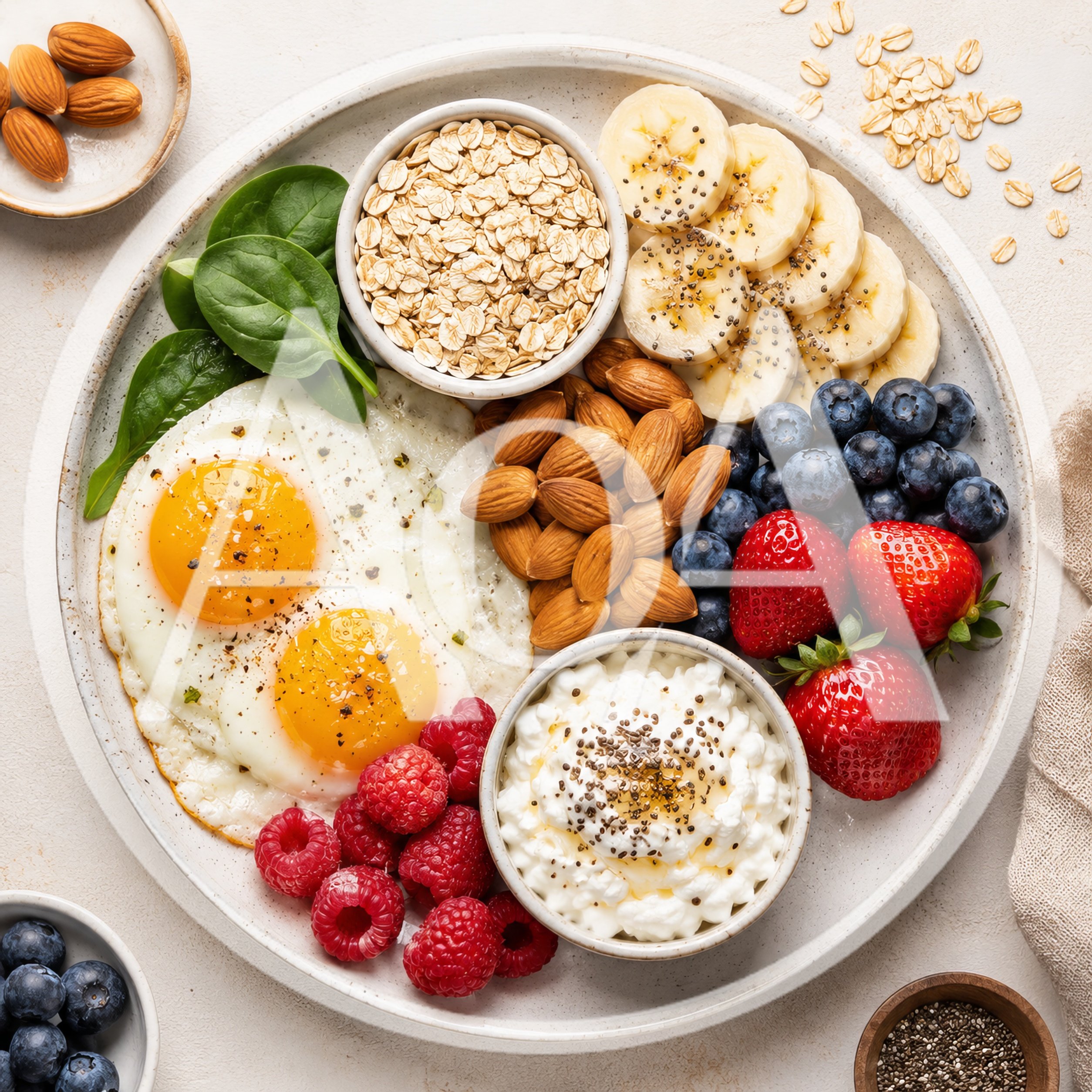 Healthy Breakfast Plate With Eggs Oats And Fruit