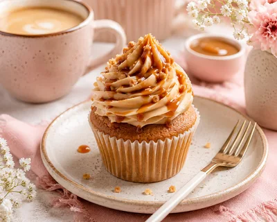 Caramel Drizzled Cupcake With Coffee And Flowers