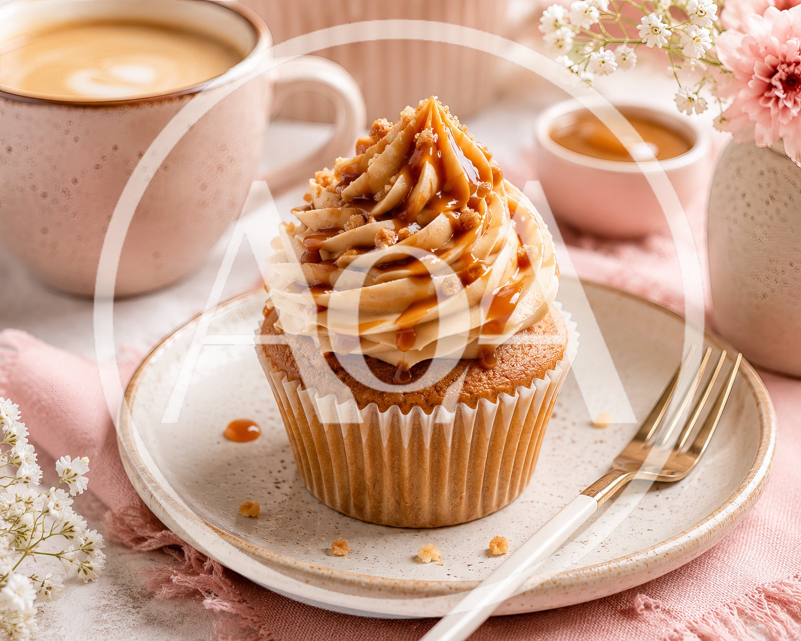 Caramel Drizzled Cupcake With Coffee And Flowers
