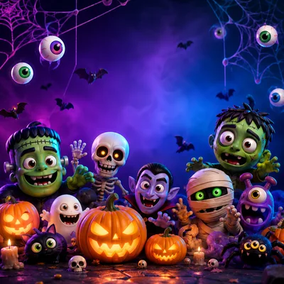 Cute Cartoon Halloween Characters Group Portrait