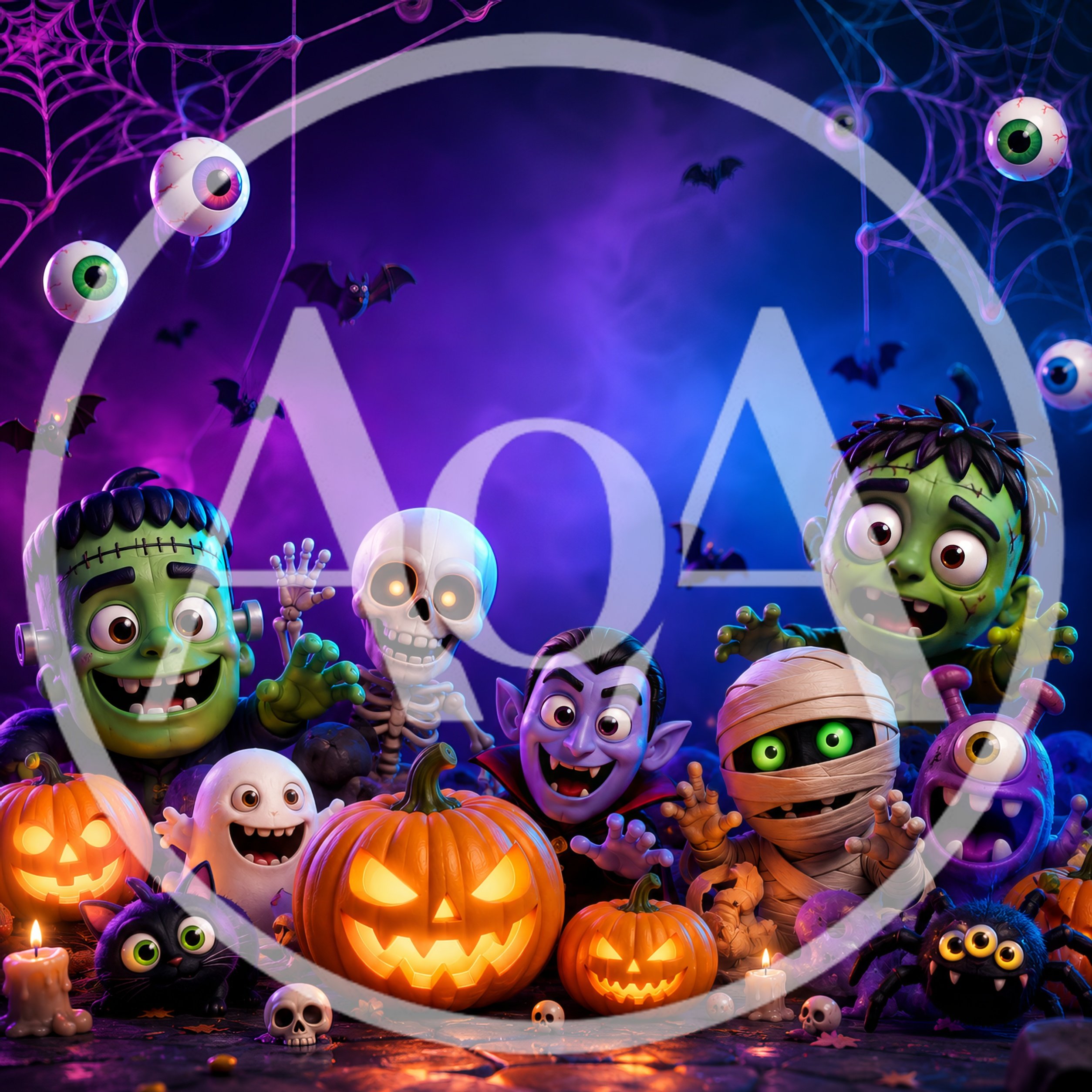 Cute Cartoon Halloween Characters Group Portrait