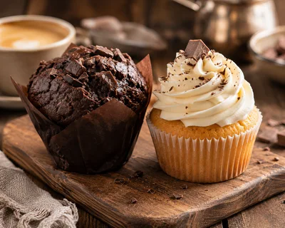 Chocolate Muffin And Vanilla Cupcake On Wooden Board