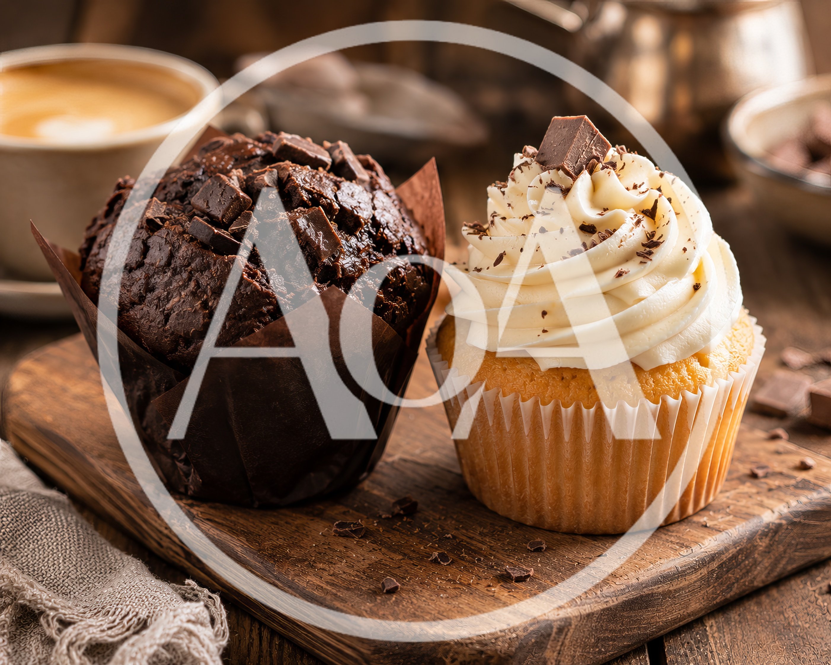 Chocolate Muffin And Vanilla Cupcake On Wooden Board