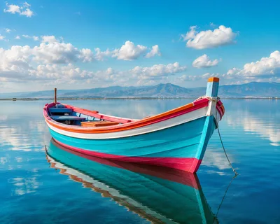 Colorful Wooden Fishing Boat Floating on Calm Water