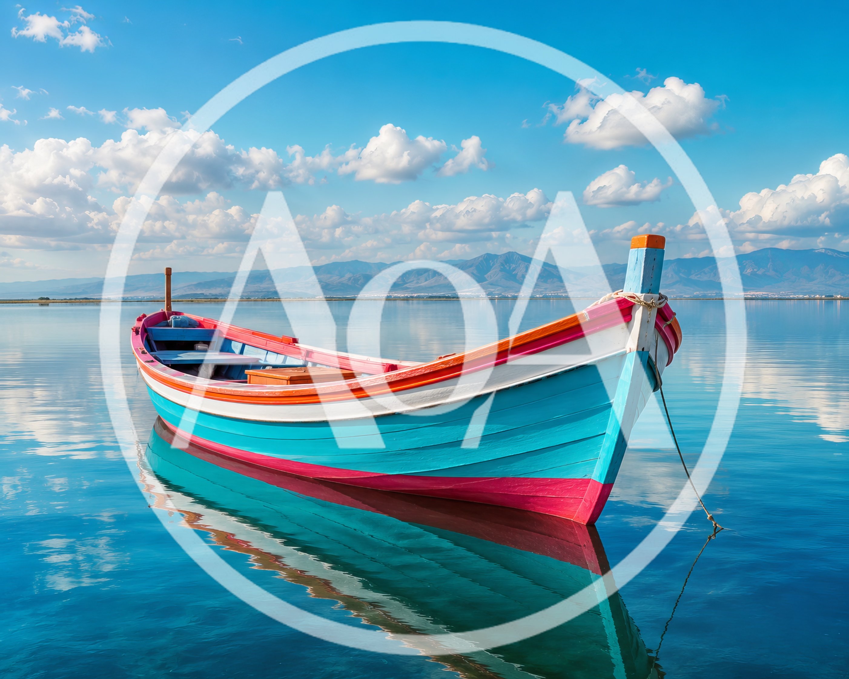 Colorful Wooden Fishing Boat Floating on Calm Water