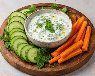 Tzatziki Dip with Fresh Cucumber and Carrot Sticks