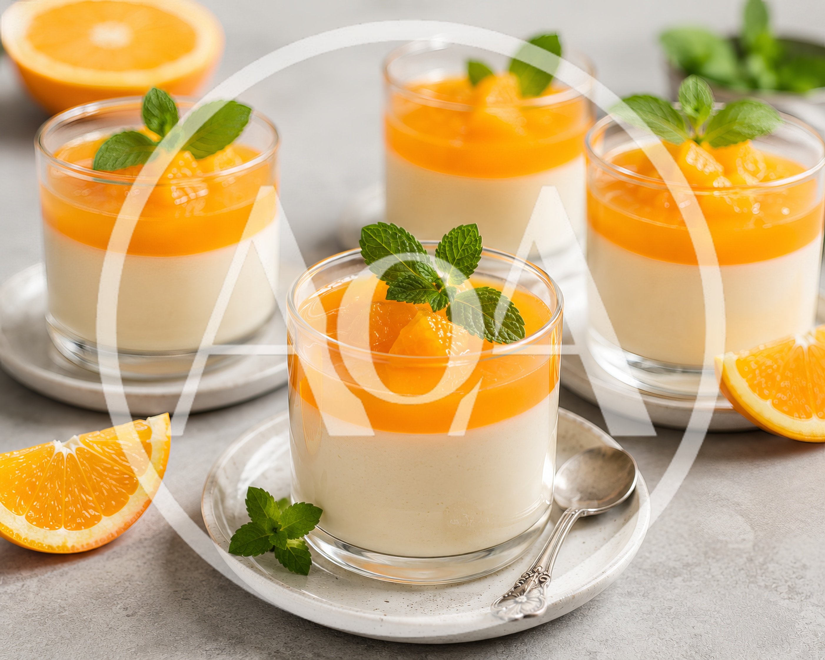 Four Glasses of Creamy Orange Panna Cotta Dessert