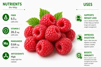 Raspberry Nutritional Benefits Infographic With Fresh Fruit