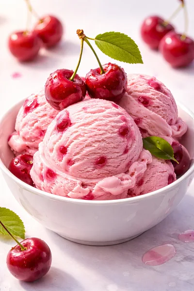 Scoops Of Cherry Ice Cream In A White Bowl
