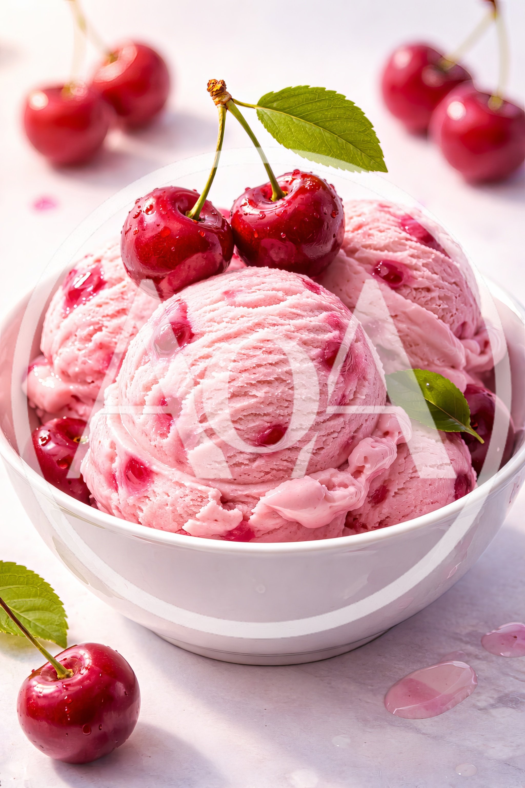 Scoops Of Cherry Ice Cream In A White Bowl