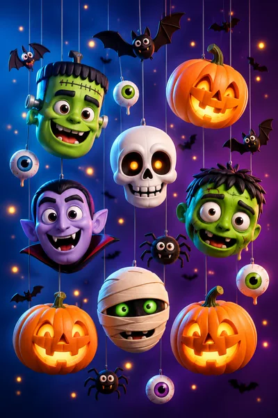 Hanging Halloween Character Decorations On Purple Background
