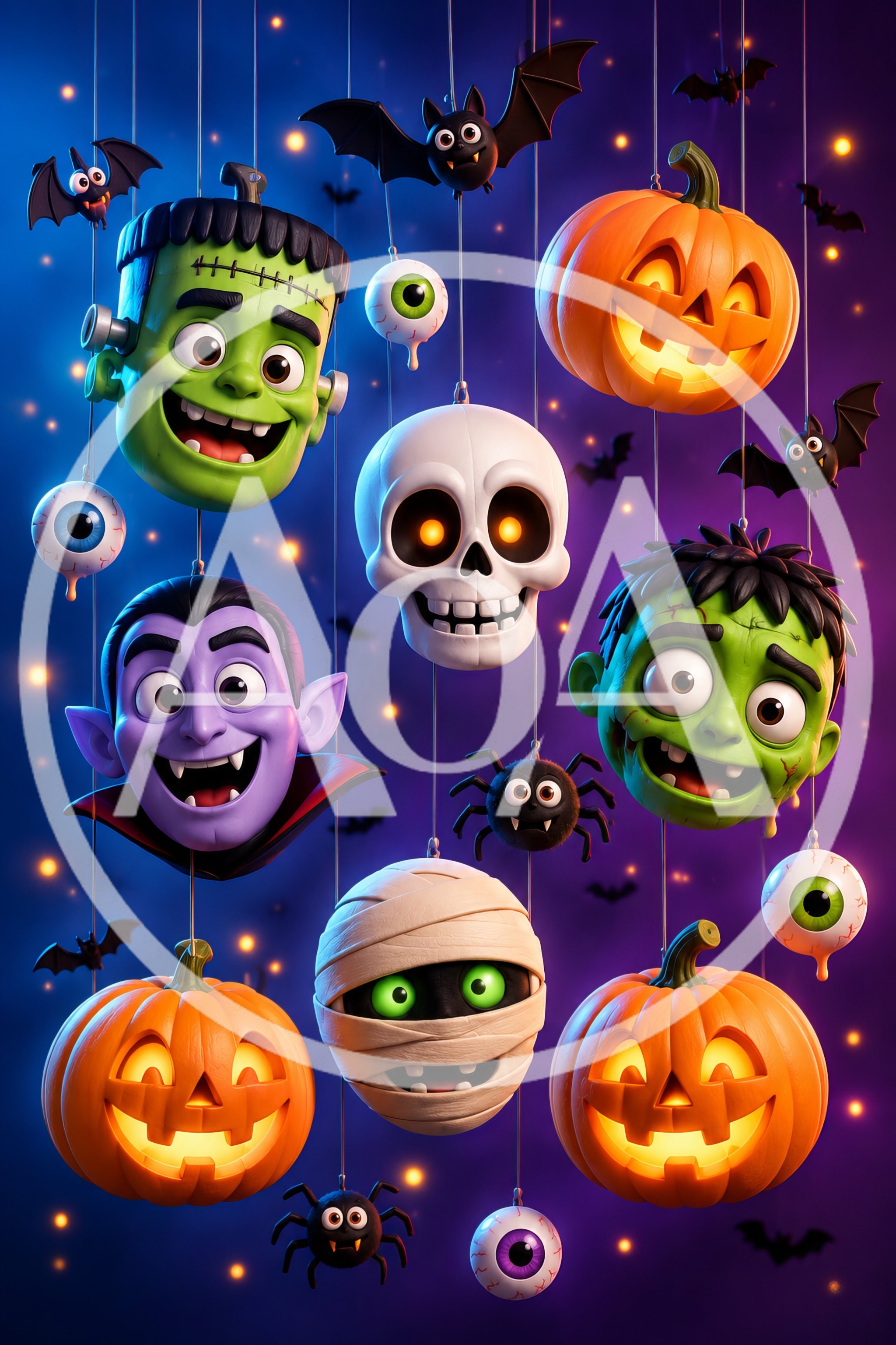 Hanging Halloween Character Decorations On Purple Background