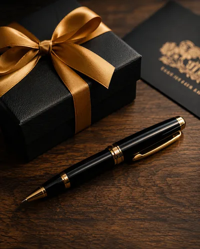 Luxury Black Gift Box and Fountain Pen on Wood