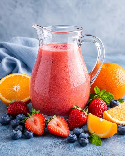 Fresh Strawberry and Orange Smoothie in Glass Pitcher