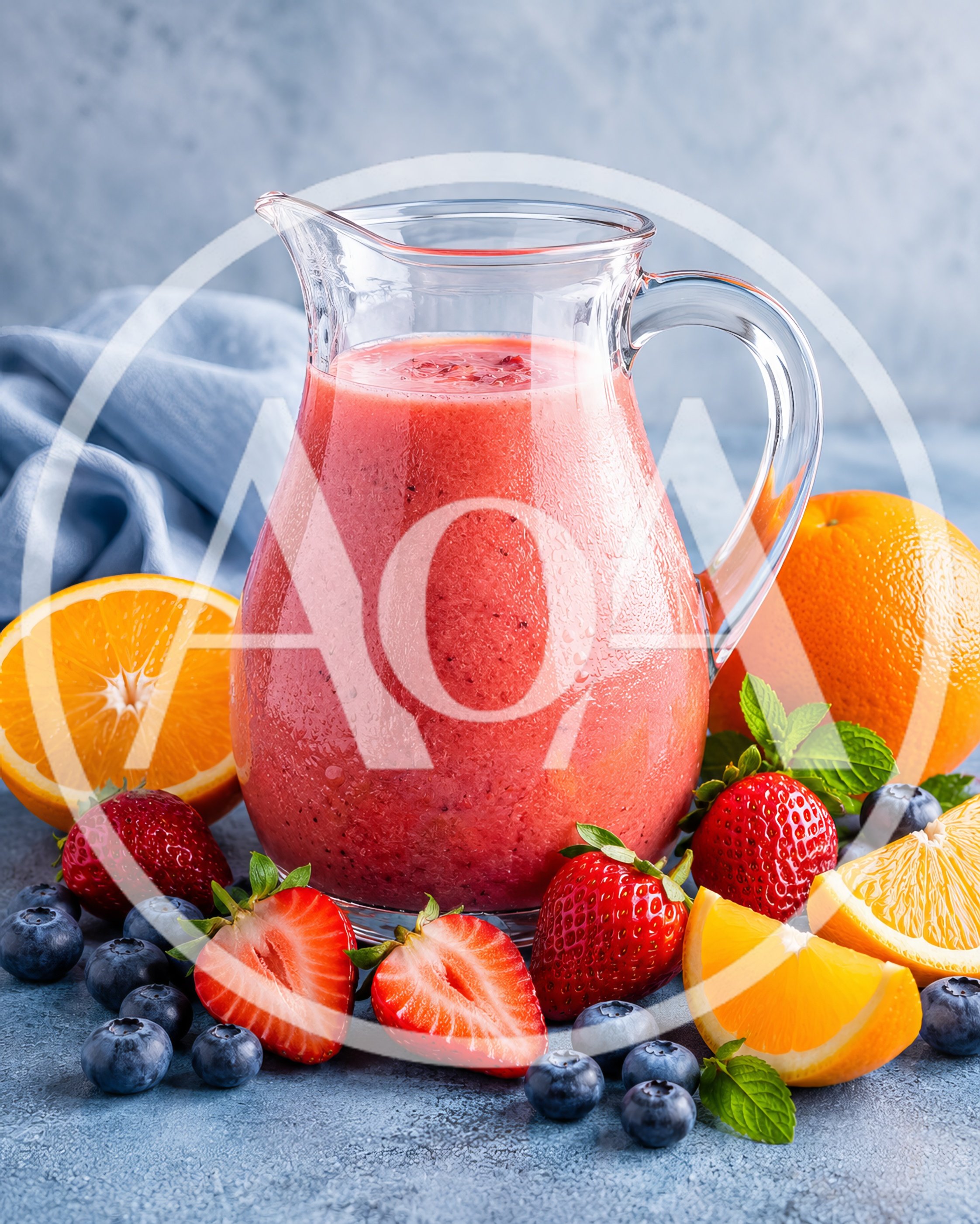 Fresh Strawberry and Orange Smoothie in Glass Pitcher
