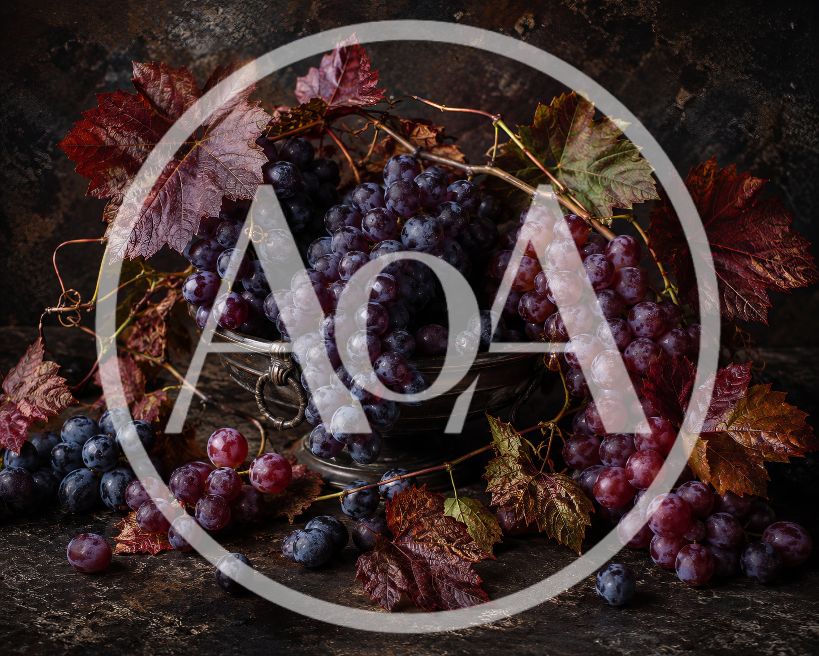 Still Life Composition Of Fresh Grapes In Silver Bowl