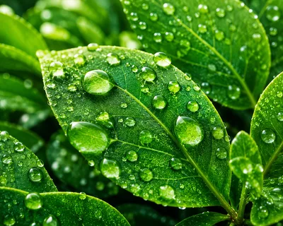 Fresh Green Leaves With Raindrops After A Shower