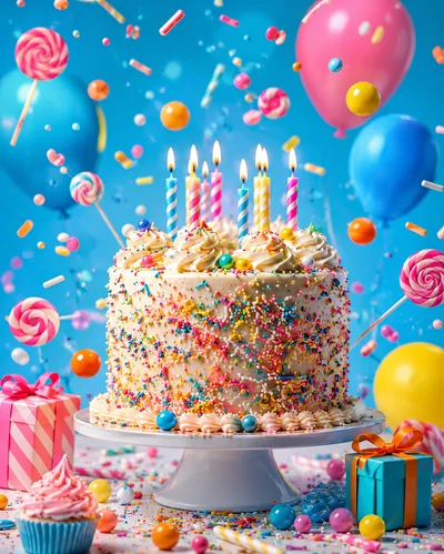 Birthday Cake With Candles And Colorful Candy Decorations