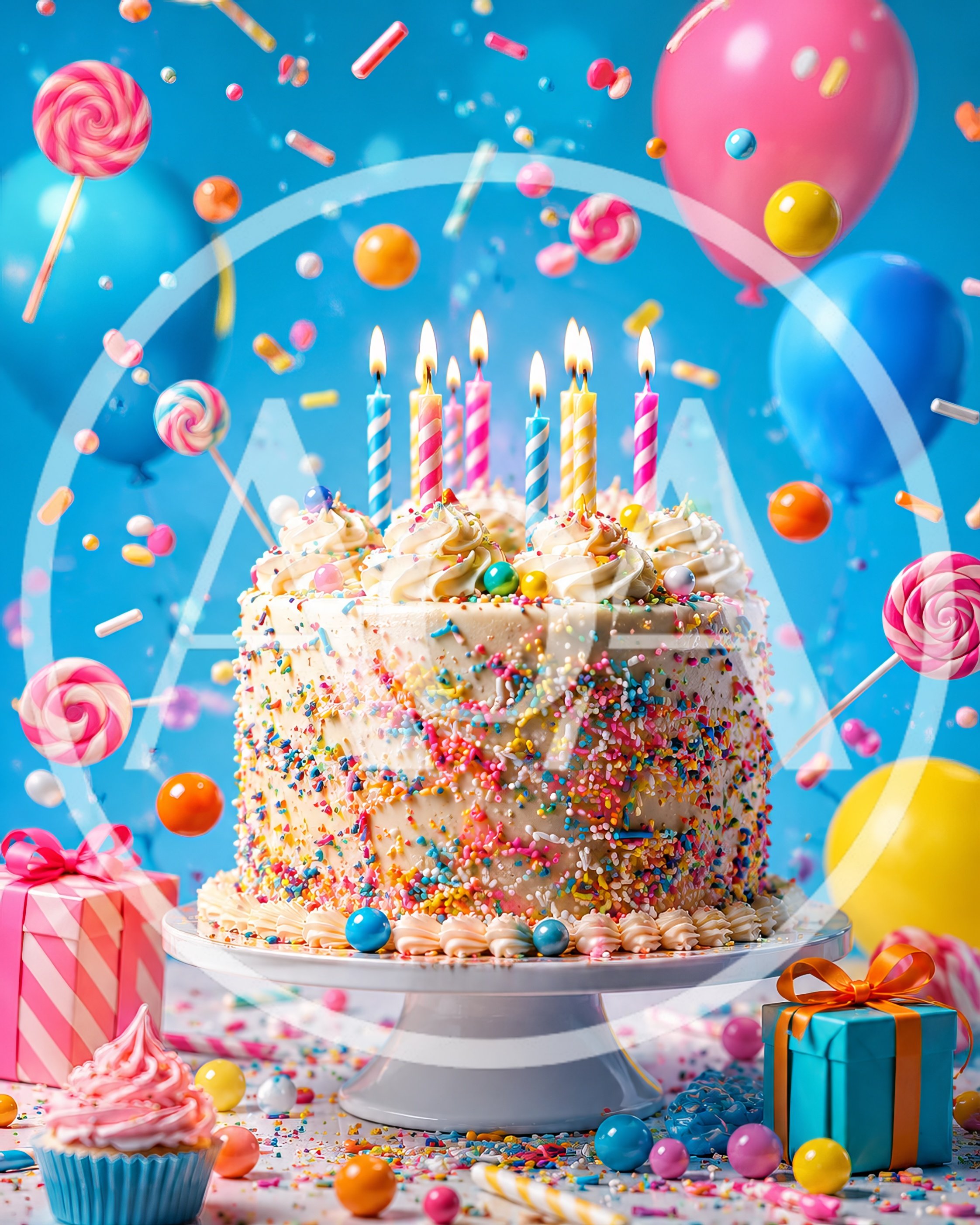 Birthday Cake With Candles And Colorful Candy Decorations