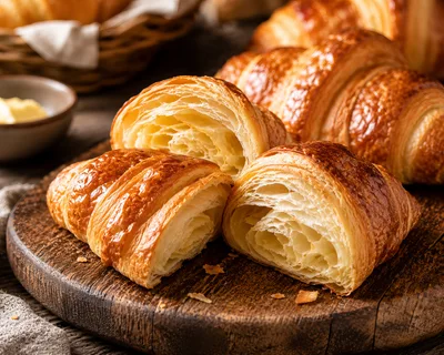 Freshly Baked Croissants On A Wooden Cutting Board