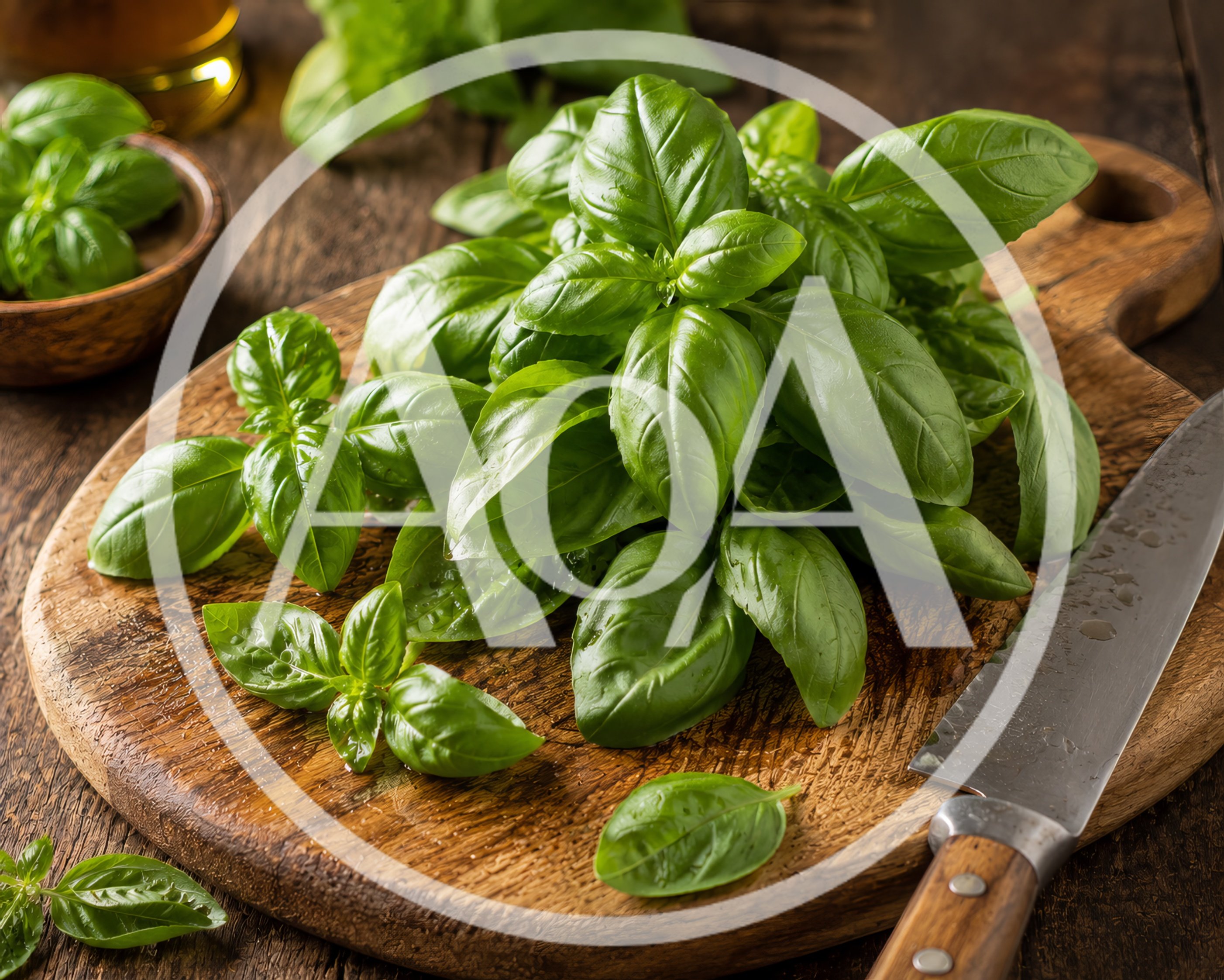 Fresh Green Basil Leaves On A Wooden Cutting Board