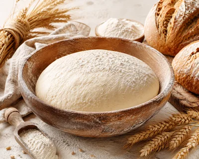 Fresh Dough Rising in a Wooden Bowl