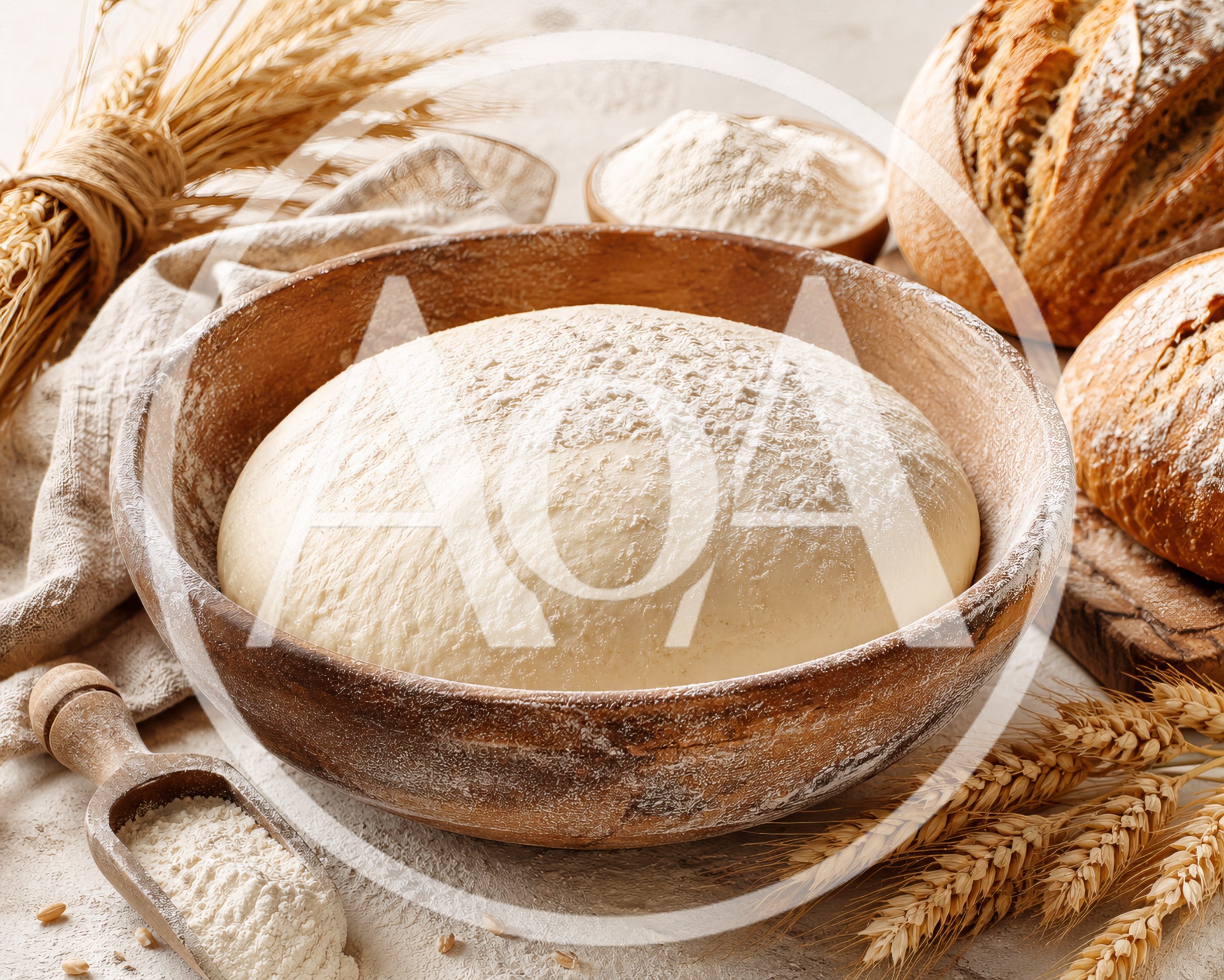 Fresh Dough Rising in a Wooden Bowl