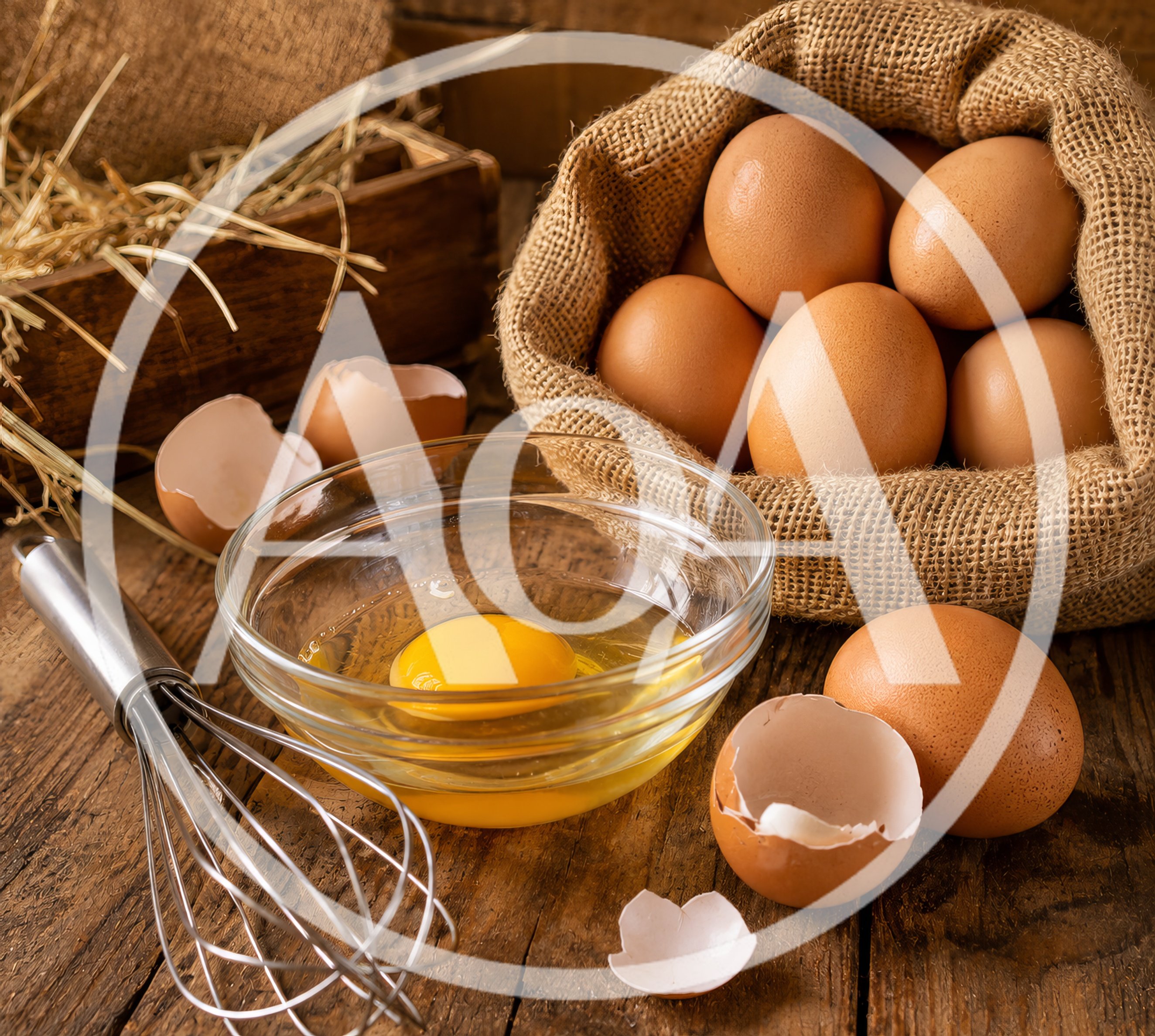 Fresh Brown Eggs in Burlap Sack with Whisk