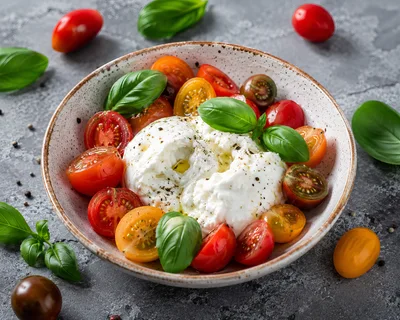 Fresh Burrata Cheese Salad with Colorful Cherry Tomatoes