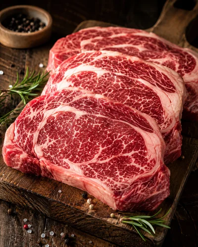 Three Raw Ribeye Steaks on a Wooden Cutting Board
