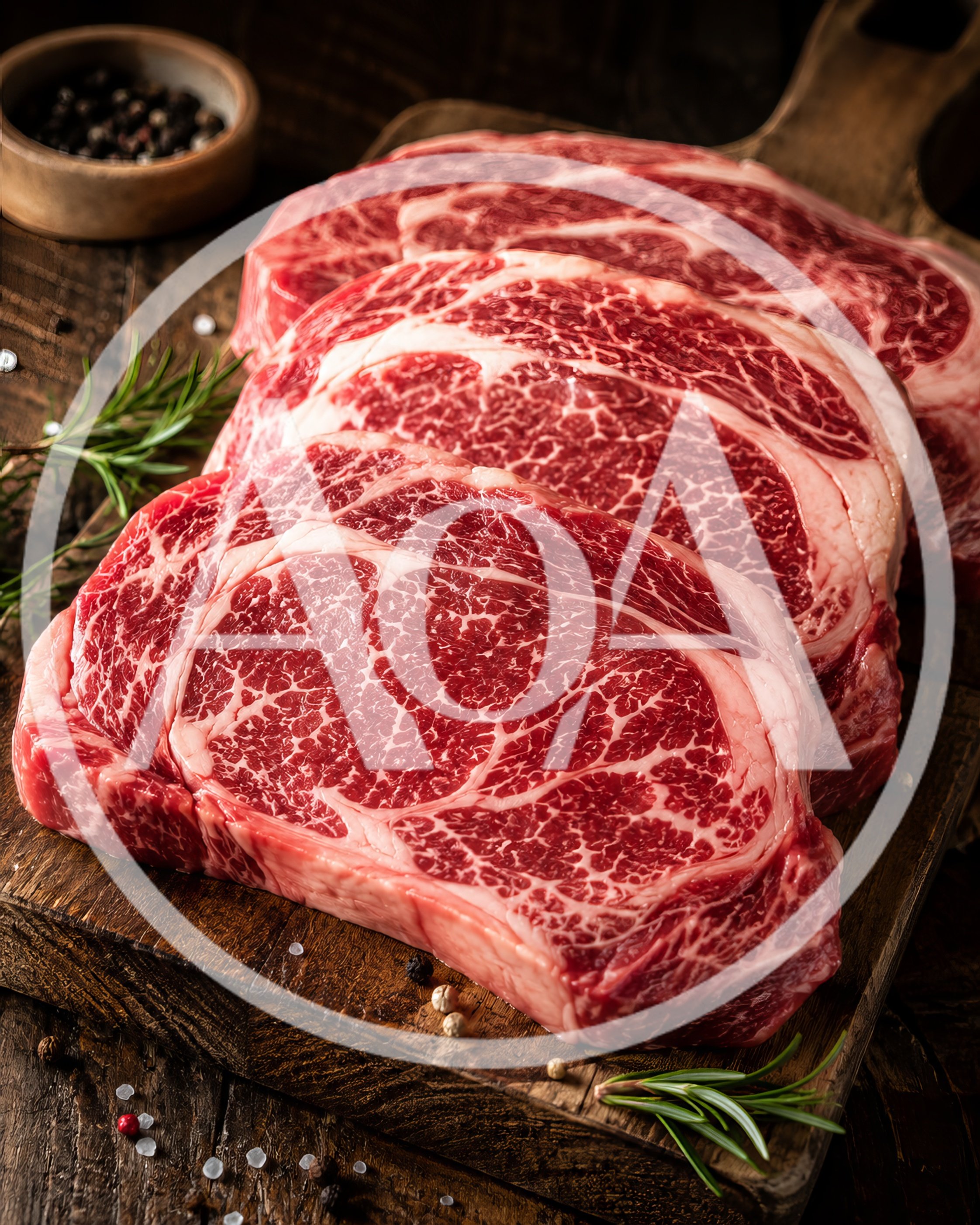 Three Raw Ribeye Steaks on a Wooden Cutting Board