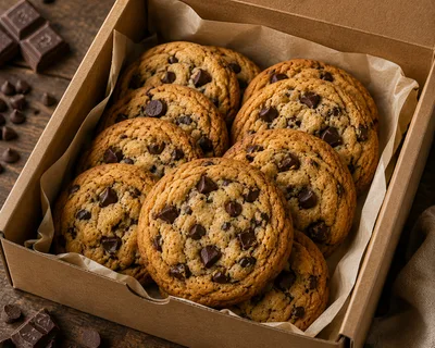 Freshly Baked Chocolate Chip Cookies In A Cardboard Box