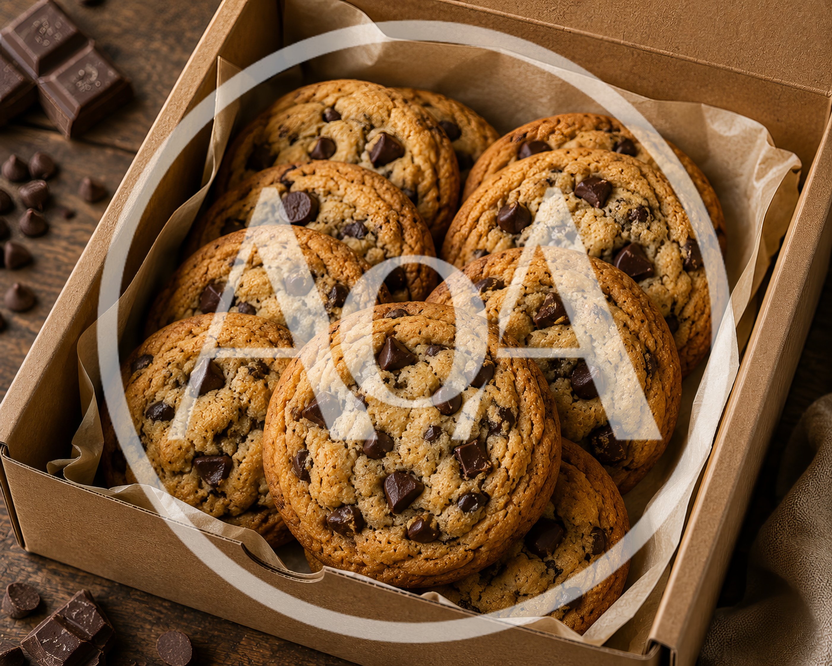 Freshly Baked Chocolate Chip Cookies In A Cardboard Box