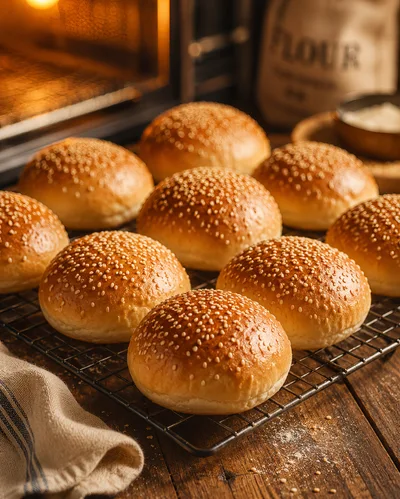 Freshly Baked Sesame Seed Burger Buns On Cooling Rack