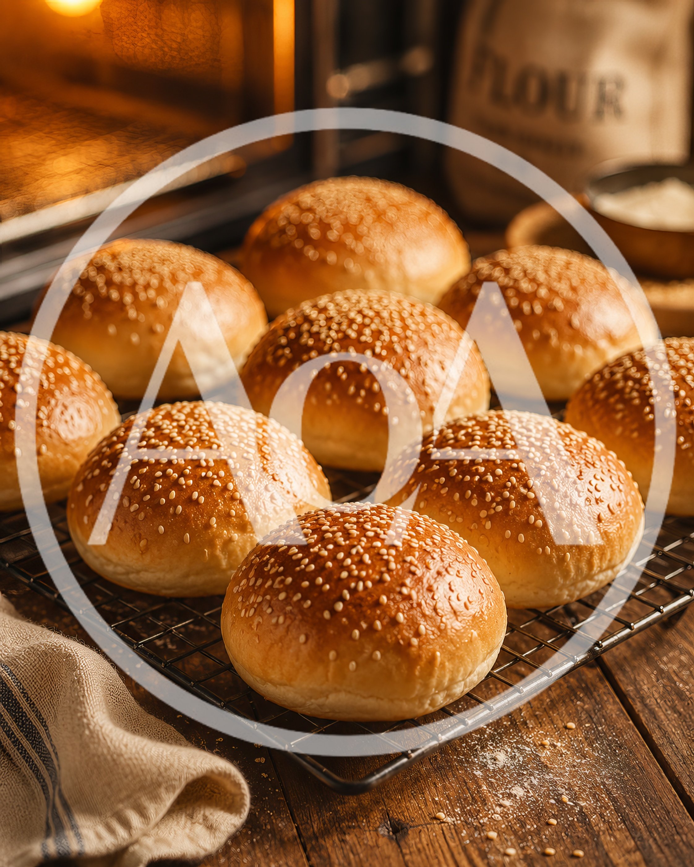Freshly Baked Sesame Seed Burger Buns On Cooling Rack
