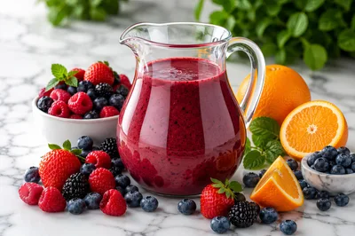 Fresh Berry Smoothie In Glass Pitcher With Fruit
