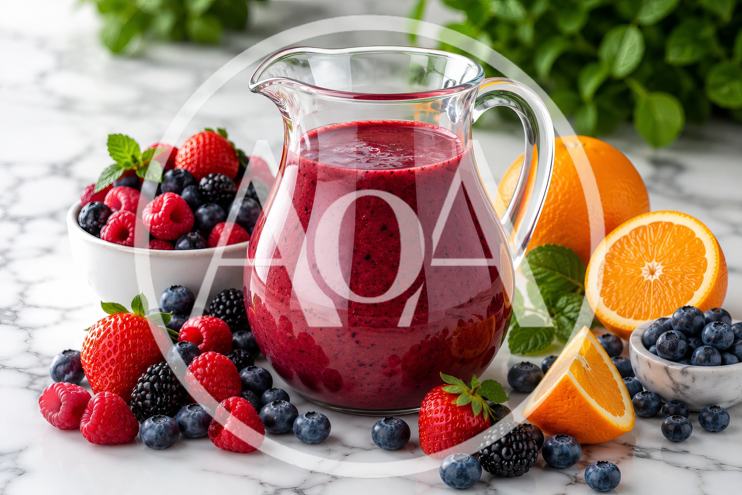 Fresh Berry Smoothie In Glass Pitcher With Fruit