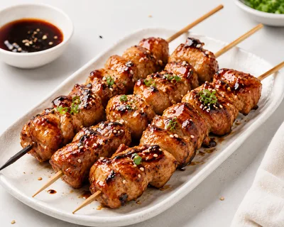 Grilled Teriyaki Chicken Skewers On A Serving Platter