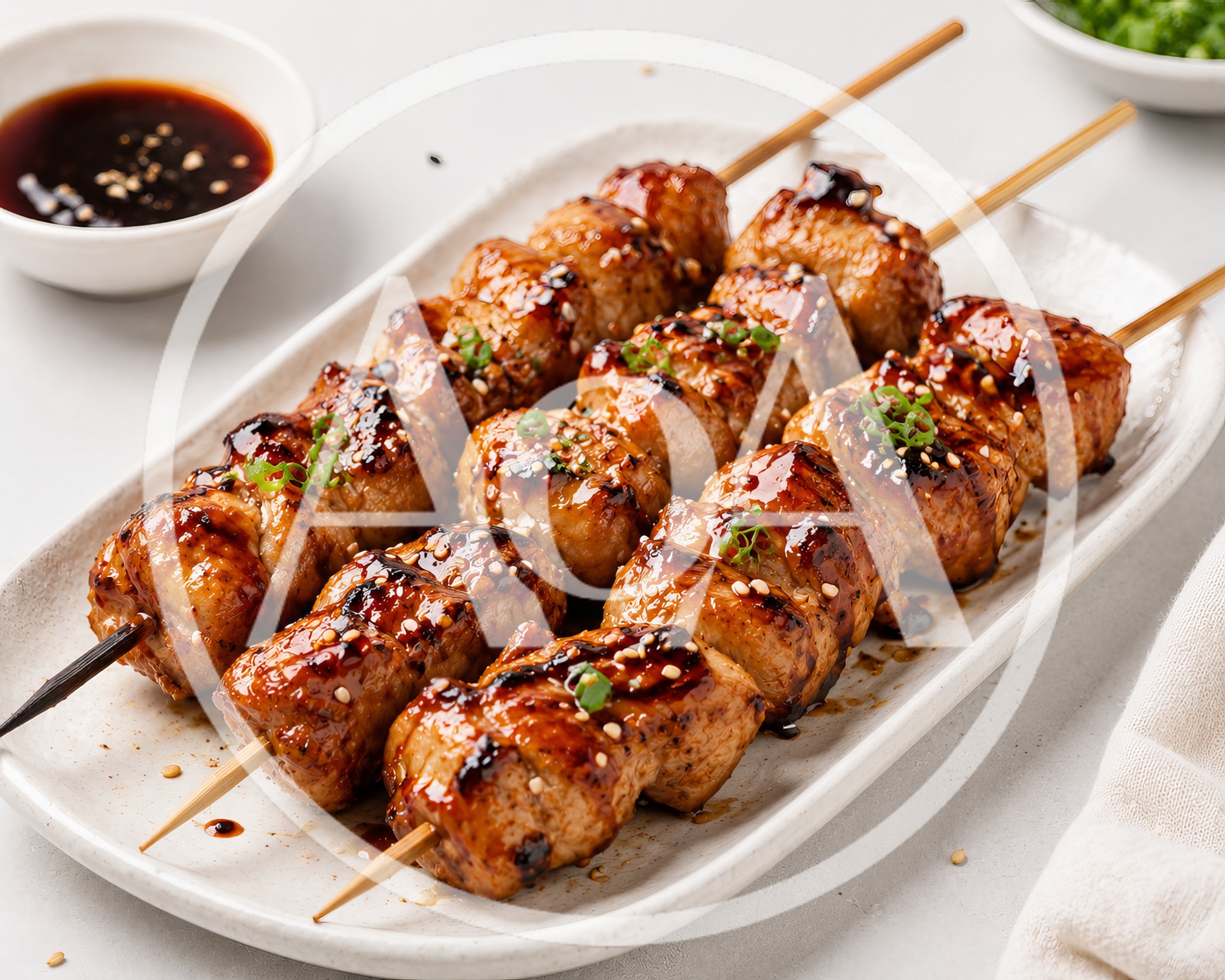 Grilled Teriyaki Chicken Skewers On A Serving Platter