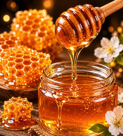 Honey Dipper Drizzling Golden Honey Into Glass Jar