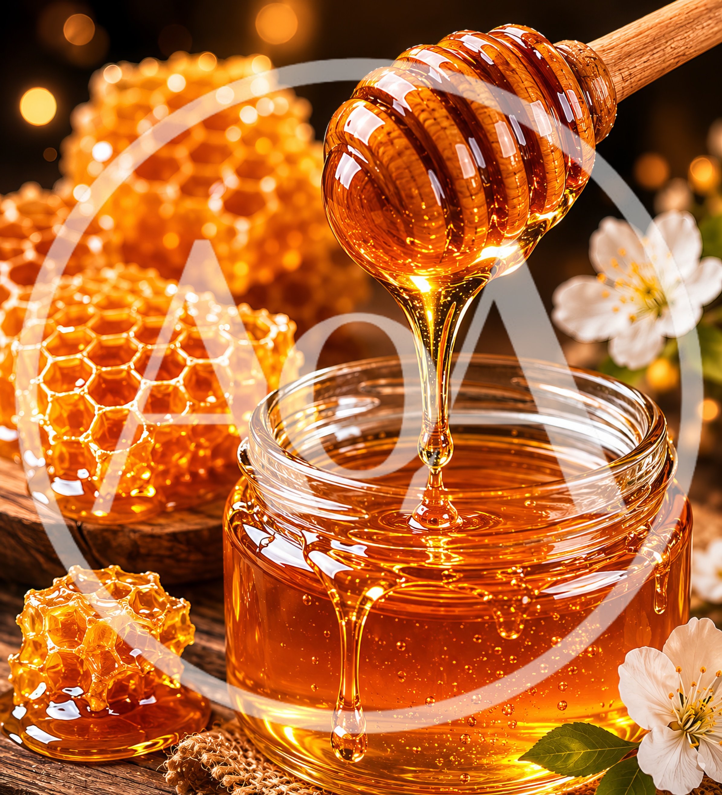 Honey Dipper Drizzling Golden Honey Into Glass Jar