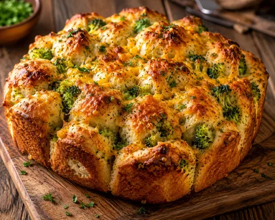Cheesy Broccoli Pull Apart Bread on Wooden Board
