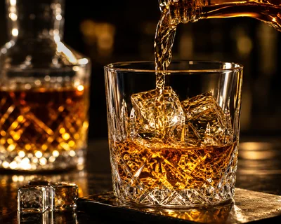 Golden Whiskey Pouring Into Crystal Glass With Ice
