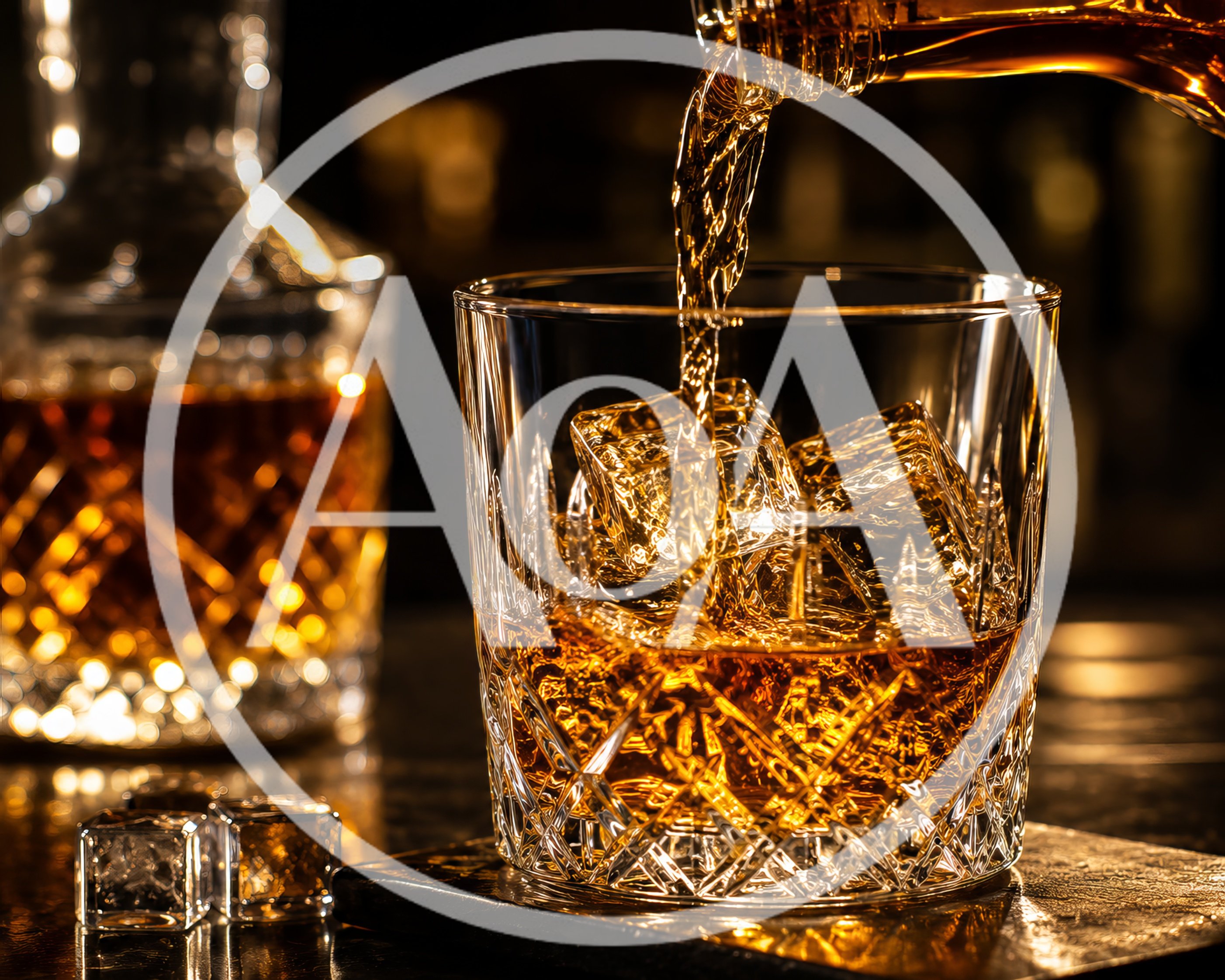 Golden Whiskey Pouring Into Crystal Glass With Ice