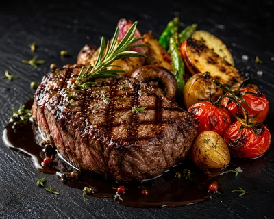 Grilled Beef Steak With Roasted Vegetables And Herbs