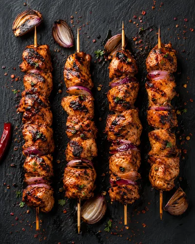 Grilled Chicken Skewers With Red Onion On Slate