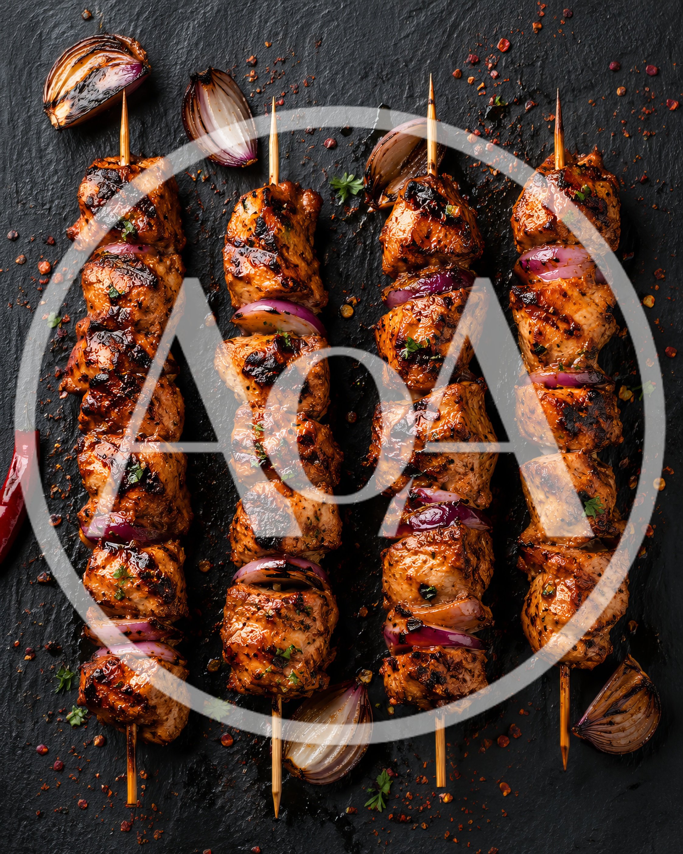 Grilled Chicken Skewers With Red Onion On Slate