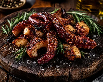 Grilled Octopus Tentacles Served On A Wooden Board