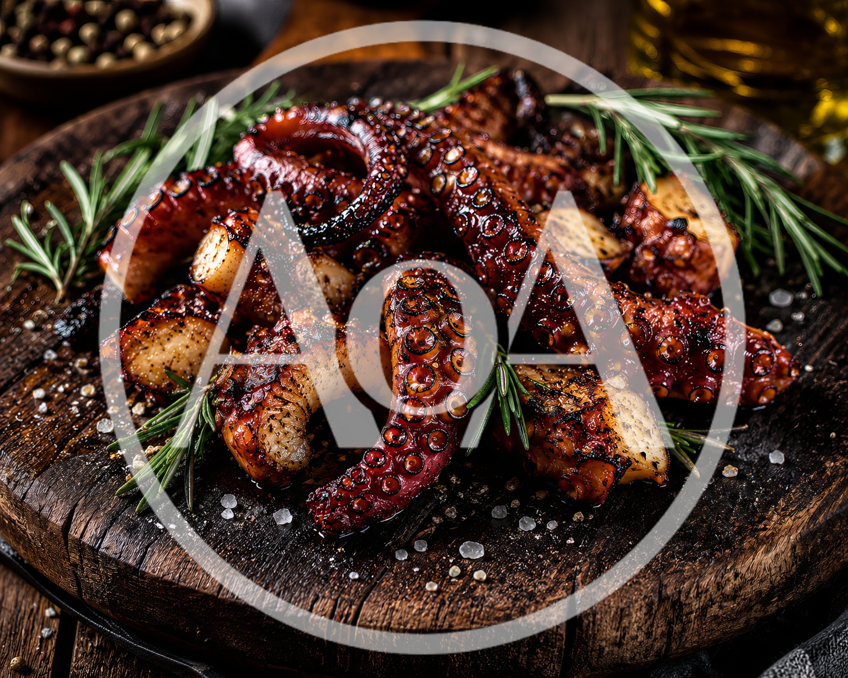 Grilled Octopus Tentacles Served On A Wooden Board